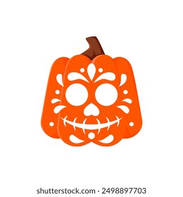 Day of the Dead Mexican pumpkin carving. Halloween smiling pumpkin face print, Mexican Day of the Dead cute Jack o lantern or Mexico holiday carving ornate skull vector tattoo, icon or decoration