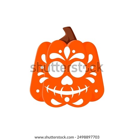 Day of the Dead Mexican pumpkin carving. Halloween smiling pumpkin face print, Mexican Day of the Dead cute Jack o lantern or Mexico holiday carving ornate skull vector tattoo, icon or decoration