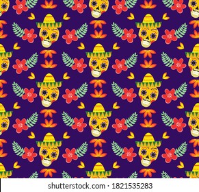 Day of the Dead Mexican seamless pattern. Dia de los muertos repeating texture. sugar skull, skeleton, flowers endless background. Vector illustration
