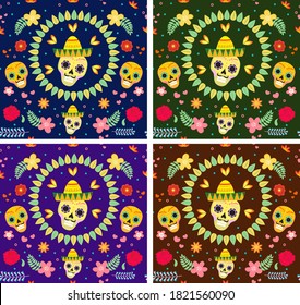 Day of the Dead Mexican seamless pattern. Dia de los muertos repeating texture. sugar skull, skeleton, flowers endless background. Vector illustration