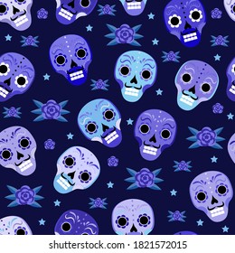 Day of the Dead Mexican seamless pattern. Dia de los muertos repeating texture. sugar skull, skeleton, flowers endless background. Vector illustration.