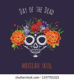 Day of the Dead: mexican skull element for decoration traditional mexican holiday. Hand drawn illustration in watercolor style on black background. 