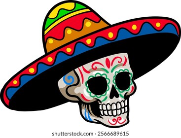 Day of the Dead Mexican Skull Head wear Sombrero Hat Cartoon Character Illustration	