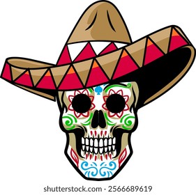 Day of the Dead Mexican Skull Head wear Sombrero Hat Cartoon Character Illustration