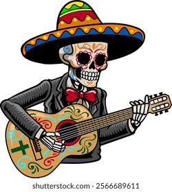 Day of the Dead Mexican Skull Playing Guitar Cartoon Character Illustration