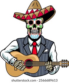 Day of the Dead Mexican Skull Playing Guitar Cartoon Character Illustration