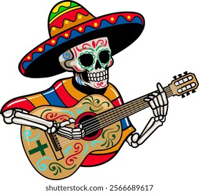 Day of the Dead Mexican Skull Playing Guitar Cartoon Character Illustration