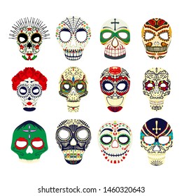 Day of the dead Mexican skull symbols collection, vector masks over white background