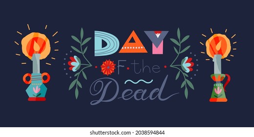 Day of dead, Mexican spooky holiday festival celebration vector illustration. Cartoon cute candles offering on ofrenda altar and day of dead text with flower ornament, culture of Mexico background