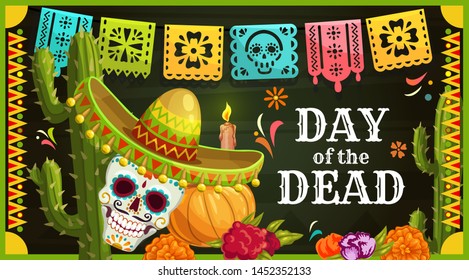 Day of the Dead Mexican sugar skull with sombrero vector greeting card. Dia de los Muertos altar with marigold flowers, candle and paper cut flag garland, Halloween pumpkin and cactus