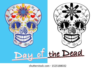 Day of the dead, Mexican sugar skull on blue and white background.