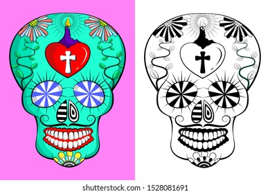 Day of the dead, Mexican sugar skull on pink and white background.