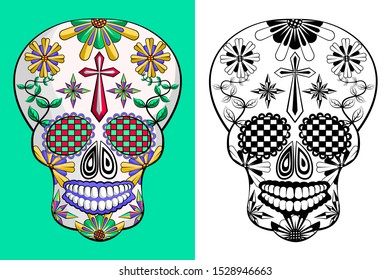 Day of the dead, Mexican sugar skull on green and white background.