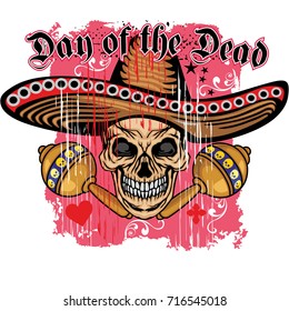 Day of the Dead, mexican sugar skull with sombrero, grunge vintage design t shirts