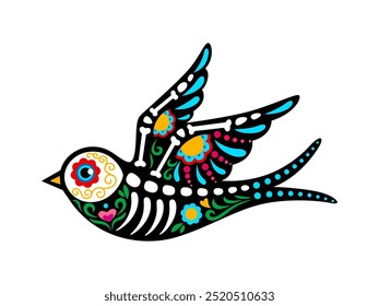 Day of the dead Mexican swallow bird animal skeleton tattoo, sugar skull. Isolated vector vibrant flying bird with bones, intricate patterns, bold colors and floral motifs, symbolizing life and death