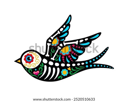 Day of the dead Mexican swallow bird animal skeleton tattoo, sugar skull. Isolated vector vibrant flying bird with bones, intricate patterns, bold colors and floral motifs, symbolizing life and death