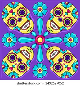 Day of the Dead mexican talavera ceramic tile pattern. Traditional decorative objects. Ethnic folk ornament.