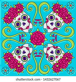 Day of the Dead mexican talavera ceramic tile pattern. Traditional decorative objects. Ethnic folk ornament.