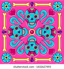 Day of the Dead mexican talavera ceramic tile pattern. Traditional decorative objects. Ethnic folk ornament.