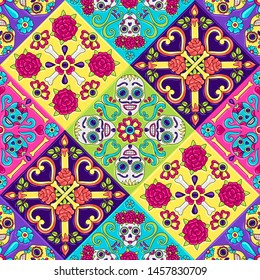 Day of the Dead mexican talavera ceramic tile pattern. Traditional decorative objects. Ethnic folk ornament.