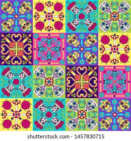 Day of the Dead mexican talavera ceramic tile pattern. Traditional decorative objects. Ethnic folk ornament.