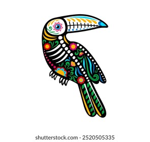 Day of the dead Mexican toucan bird animal skeleton tattoo. Isolated vector Dia de los Muertos jungle avian sugar skull with skeletal elements. Toucan skeleton figure with bones and floral patterns