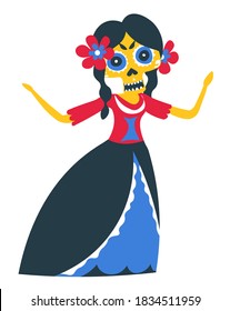 Day of the dead, mexican traditional dances and outfit of women. Isolated female character in dress having make up of skull, ornaments and flowers in hair. Traditions and culture, vector in flat