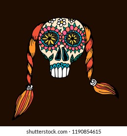 Day Of The Dead. Mexican traditional festival Dia de Los Muertos. Hand drawn skulls with floral decor on a black background.