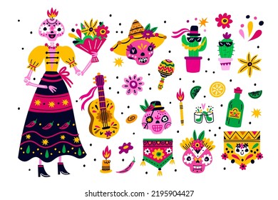 Day of dead. Mexican traditional holiday. Bright icons. Decorative skulls or flowers. Musical instrument. Latino fiesta. Catrina skeleton. Muertos carnival. Garish