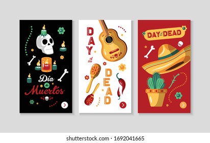 Day of dead mexican vertical banners with sombrero guitar skull memorial candles maracas cactus cartoon icons isolated vector illustration 