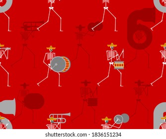 Day of dead in mexico background. Skeleton music band pattern seamless. Dead man with musical instrument. Skull in sombrero. 