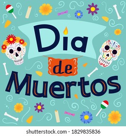 day of the dead in mexico congratulation postcard skulls lettering marigolds maracas flowers