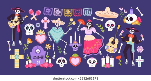 Day of dead mexico elements. Skeletons in hat with maracas, sugar skull. Mexican holiday fiesta collection, cross and candles, racy vector clipart