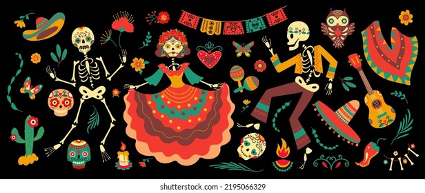 Day of dead mexico festival elements. Mexican sugar skulls and dancing skeletons in traditional dresses and flowers. Nowaday dia de los muertos vector set