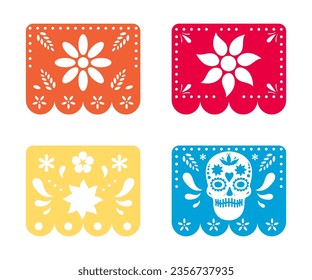 Day of the Dead in Mexico. Multicolored flags with symbols. Mexican papel picado. Design elements on white background.