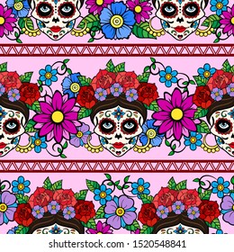 Day of the dead, mexico pattern with Catrina La Calavera Sugar skull. Festive seamless background in pink tones.