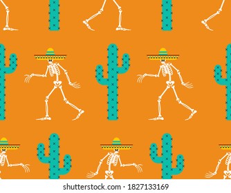 Day of dead in mexico pattern seamless. Skeleton in sombrero background.
