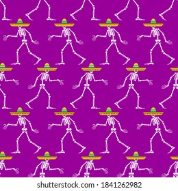 Day of dead in mexico pattern seamless. Skeleton in sombrero background.
