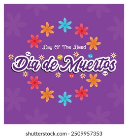 Dia dos Mortos no México. Fundo roxo com flores coloridas. Conceito de Dia dos Mortos. Ilustração de vetor plano.