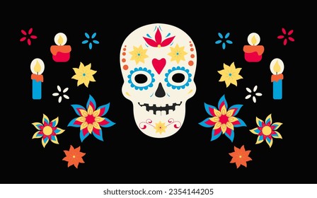 Day of the Dead in Mexico. Set of elements. Vector illustration for sticker, print, card, poster or banner. 