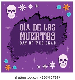 Day of the Dead in Mexico. Skull head and flowers on purple background. Day of the Dead concept. Flat vector illustration.