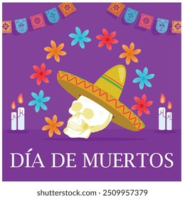 Dia dos Mortos no México. Cabeça do crânio com chapéu sombrero e vela acesa. Conceito de Dia dos Mortos. Ilustração de vetor plano.