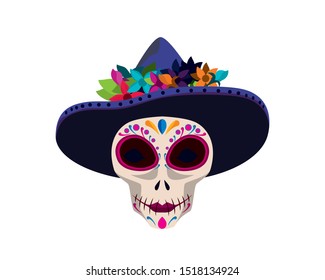 Day of the Dead Mexico Symbol with Ornamental Skull and Hat Illustration