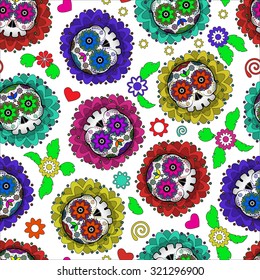 Day of Dead Mexico vector seamless pattern with skull and flowers. Dia de los muertos