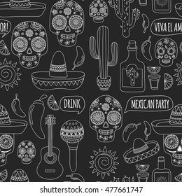 Day the dead Mexico Vector set doodle icons Mexican party Blackboard background  Hello! How are you? Food   drinks 