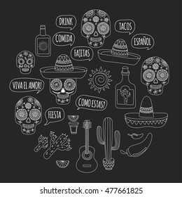 Day of the dead Mexico Vector set doodle icons Mexican party Blackboard background. Hello! How are you? Food and drinks.