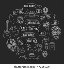 Day of the dead Mexico Vector set doodle icons Mexican party Blackboard background. Hello! How are you? Food and drinks.