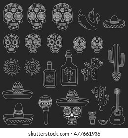 Day of the dead Mexico Vector set doodle icons Mexican party Blackboard background. Hello! How are you? Food and drinks.