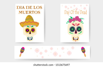 day of the dead mock up postcards with skulls, flowers. Background. vector. EPS 10