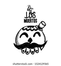 Day of The Dead monochrome doodle cartoon skull. Hand drawn art background, tattoo, Halloween party card design, textile or paper print
